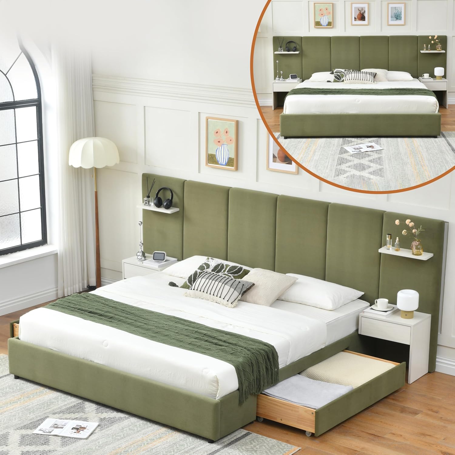 King Bed Frame with Storage & Built-in Nightstands, Velvet Upholstered Platform Bed Frame with Drawers & 2 Floating Storage Shelves, Noise-Free, No Box Spring Needed, Easy Assembly, Green