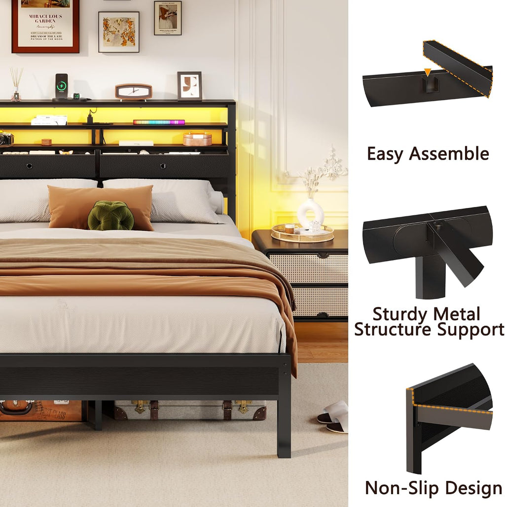 Furnulem Full Size Bed Frame with Headboard, 3-Tier Storage Shelves & 2 Fabric Drawers, Built-in Charging Station & RGB LED Lights, Metal Slat Support, No Box Spring Needed, Easy Assembly, Black Oak
