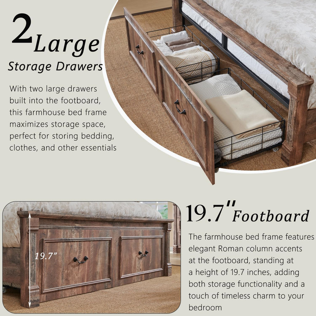 Aitjunz Farmhouse Queen Size Bed Frame with 51' Tall Headboard, Wood Platform Bed Frame with 20' Tall Roman Column Decoration Footboard & 2 Large Storage Drawers, No Box Spring Needed (Light Brown)