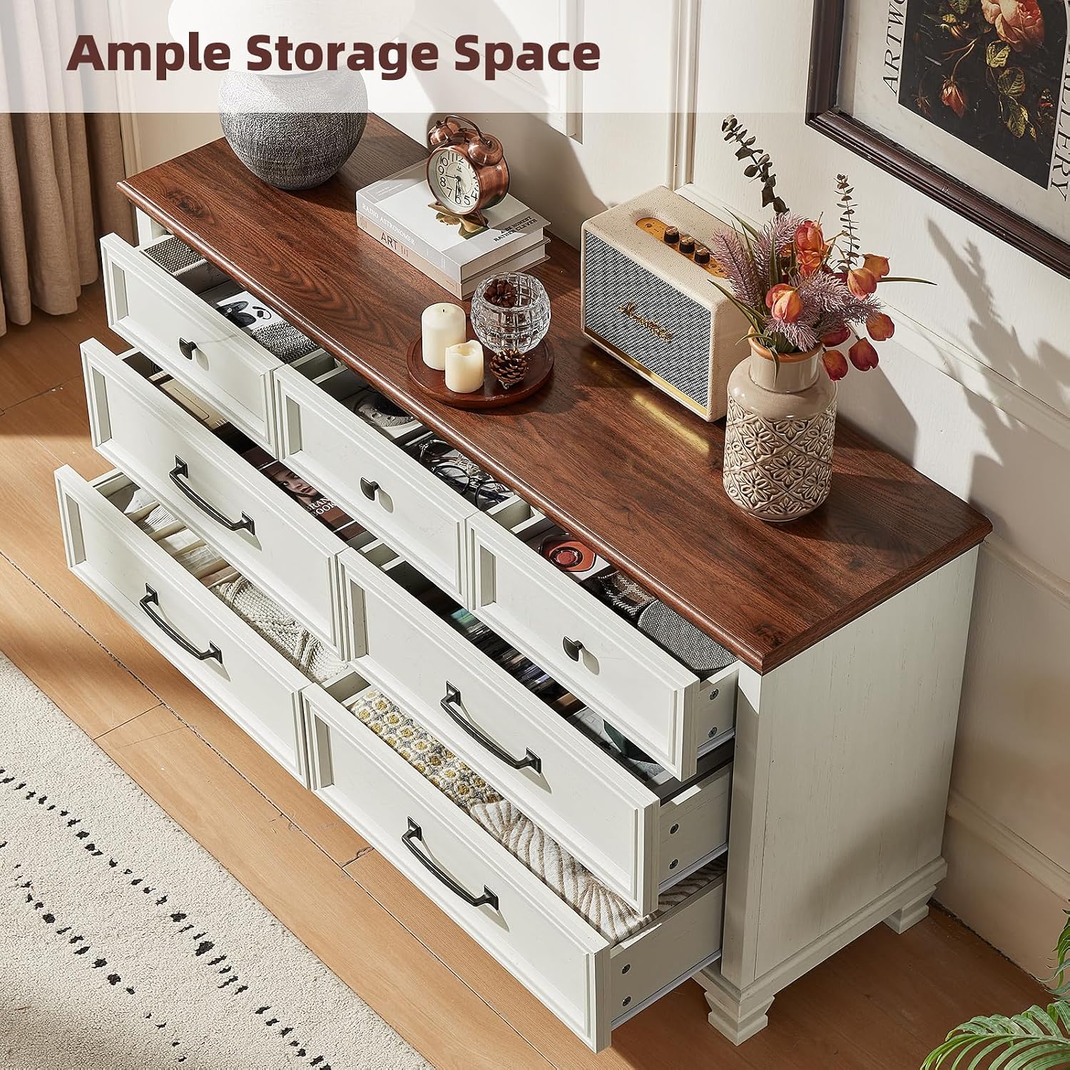 SAVOR LIFE Farmhouse Dresser and Nightstand Sets 3 Piece, 7 Drawer Dresser & 2 Drawer Nightstand Set, Rustic Wood Bedroom Furniture Set for Home, White