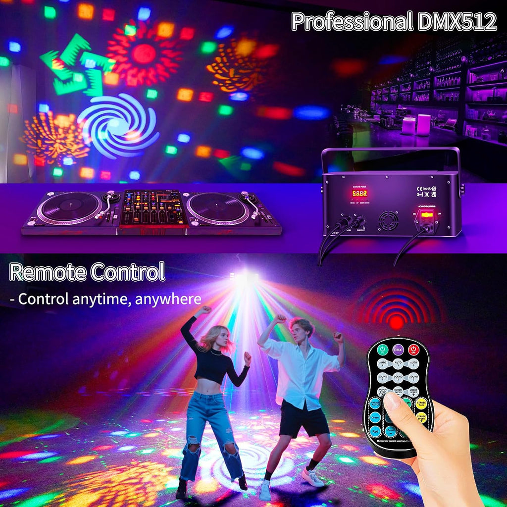 6-in-1 DJ Party Lights, Professional DMX512 Stage Lighting with 60+ Pattern Effects, RGBY Beams, RGB Disco Ball, Strobe, LED Wash Light for Club, Wedding, Gig, Party