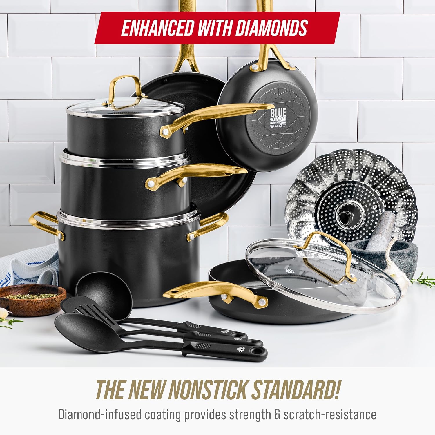 Blue Diamond 14 Piece Induction Nonstick Cookware Set, Diamond Infused PFAS-Free Ceramic Nonstick Pots & Pans, Durable Metal Utensil Safe, Dishwasher Safe, Oven & Broiler to 600F, Black/Gold