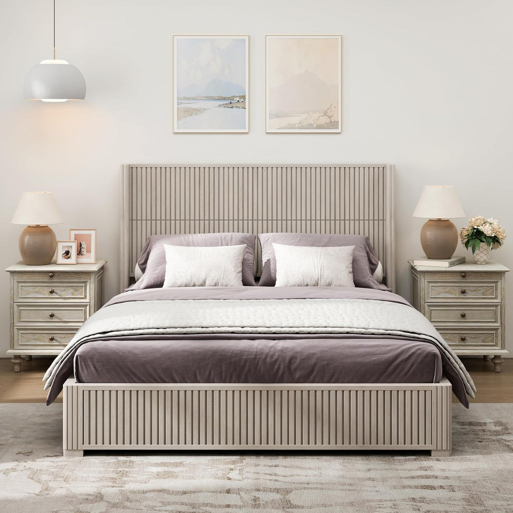 Ball & Cast Fluted Queen Bed Frame with Wingback Headboard,Solid Wood Platform Bed Frame Queen Size with Wood Slats, No Box Spring Needed, Easy Assembly,Beige
