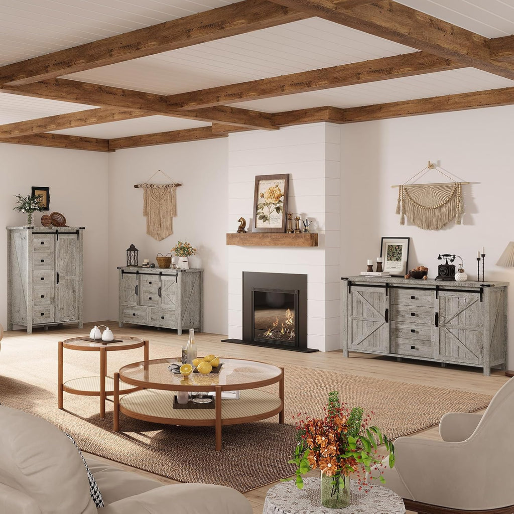 AMERLIFE 2PCS Farmhouse Dresser Set with Sliding Barn Doors, Bedroom Sets Include 47'' Dresser with 4 Drawers, 5-Drawer Tall Dresser, Light Rustic Oak
