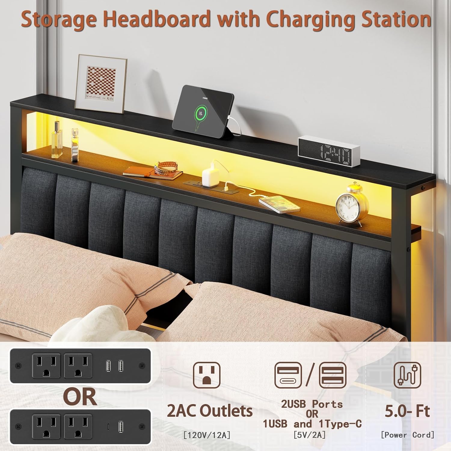 Furnulem Queen Bed Frame with Charging Station and LED Lights, Grey Upholstered Headboard with Shelves, Metal Platform Bed with 2 Under-Bed Storage (Fabric Drawer on Wheels), No Box Spring Needed
