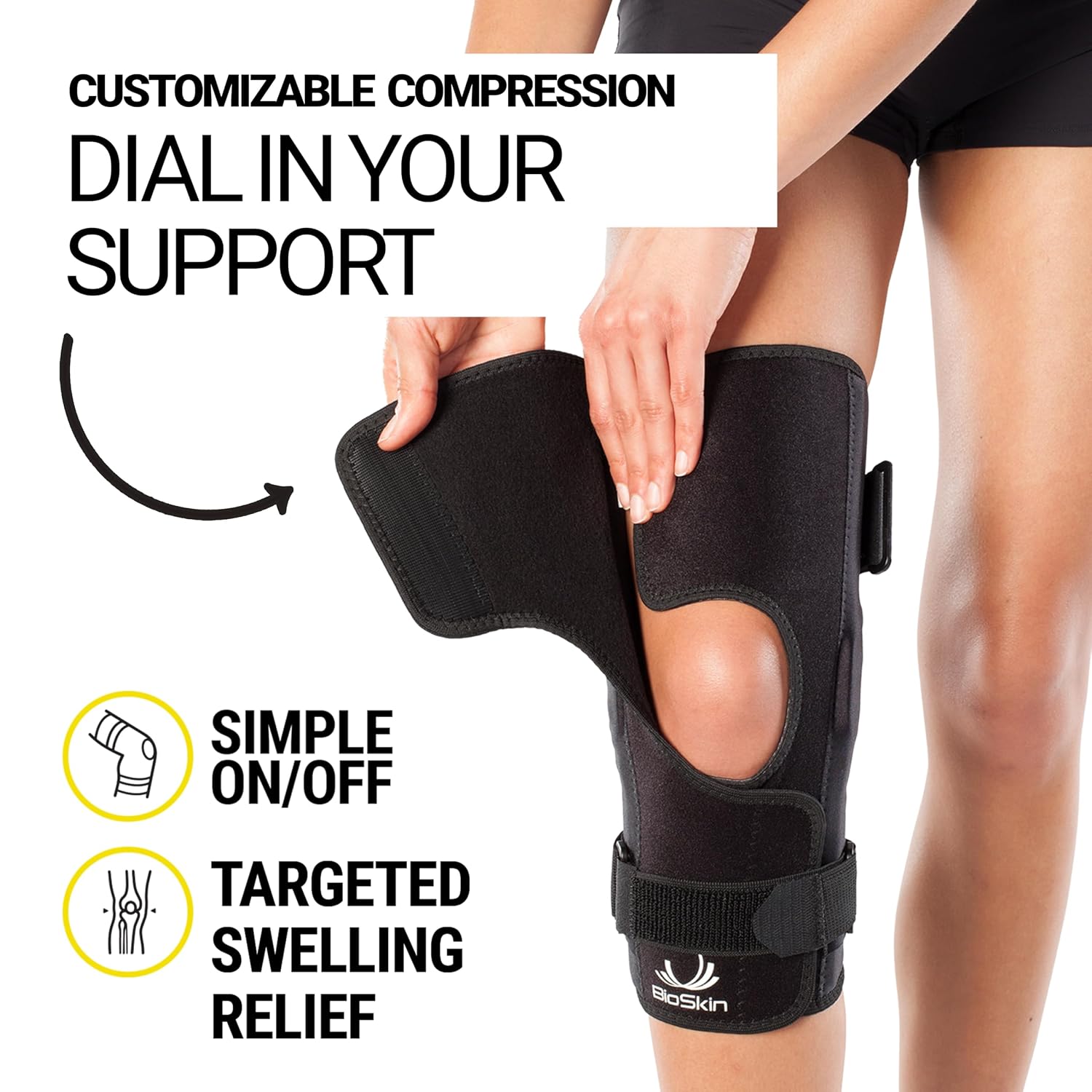 BioSkin Wraparound Hinged Knee Brace - Stays-in-Place Stability, Adjustable Compression Support for ACL/MCL, Meniscus & Arthritis, Lightweight Aluminum Side Hinges, Soft Breathable Hypoallergenic, Low-Profile (Medium)