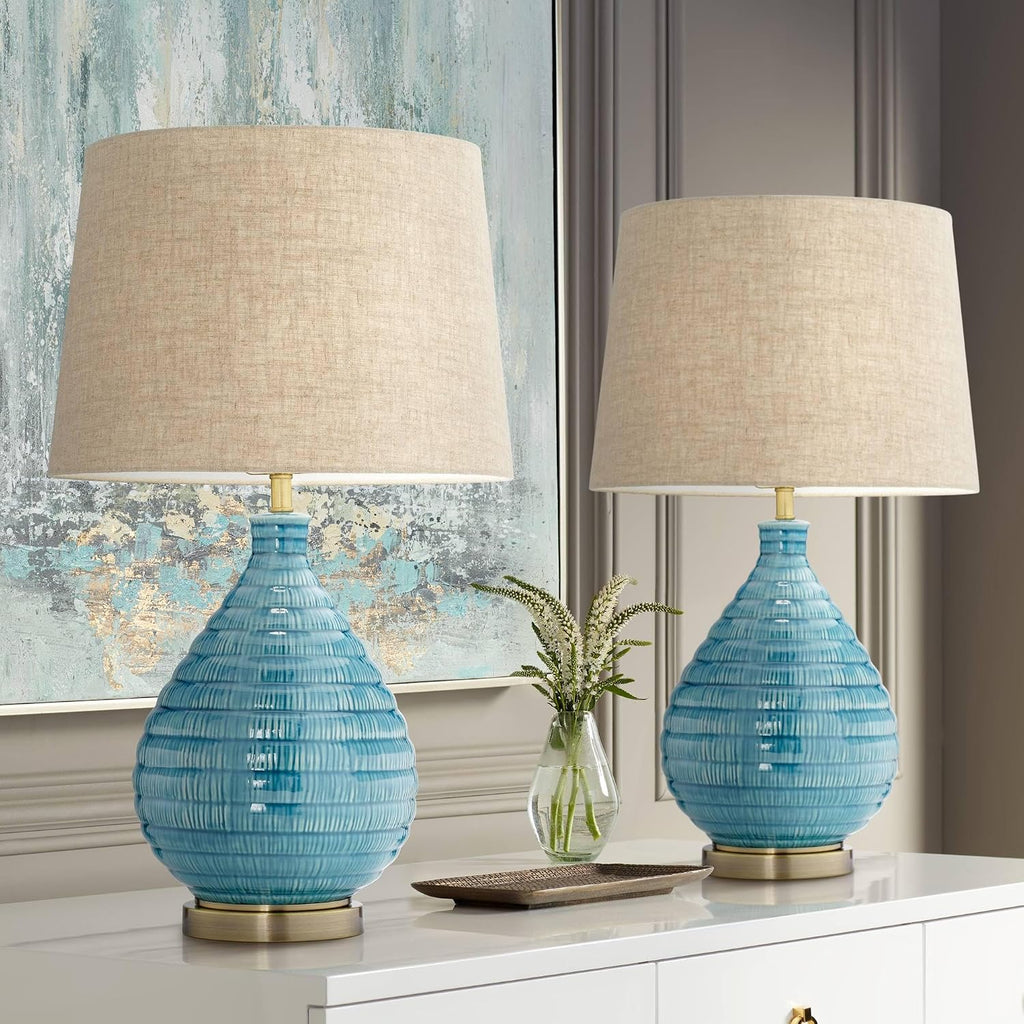 360 Lighting Kayley 24' High Small Mid Century Modern Coastal Table Lamps Set of 2 Blue Ceramic Linen Shade Living Room Bedroom Bedside Nightstand House Office Home Reading Kitchen Entryway Console