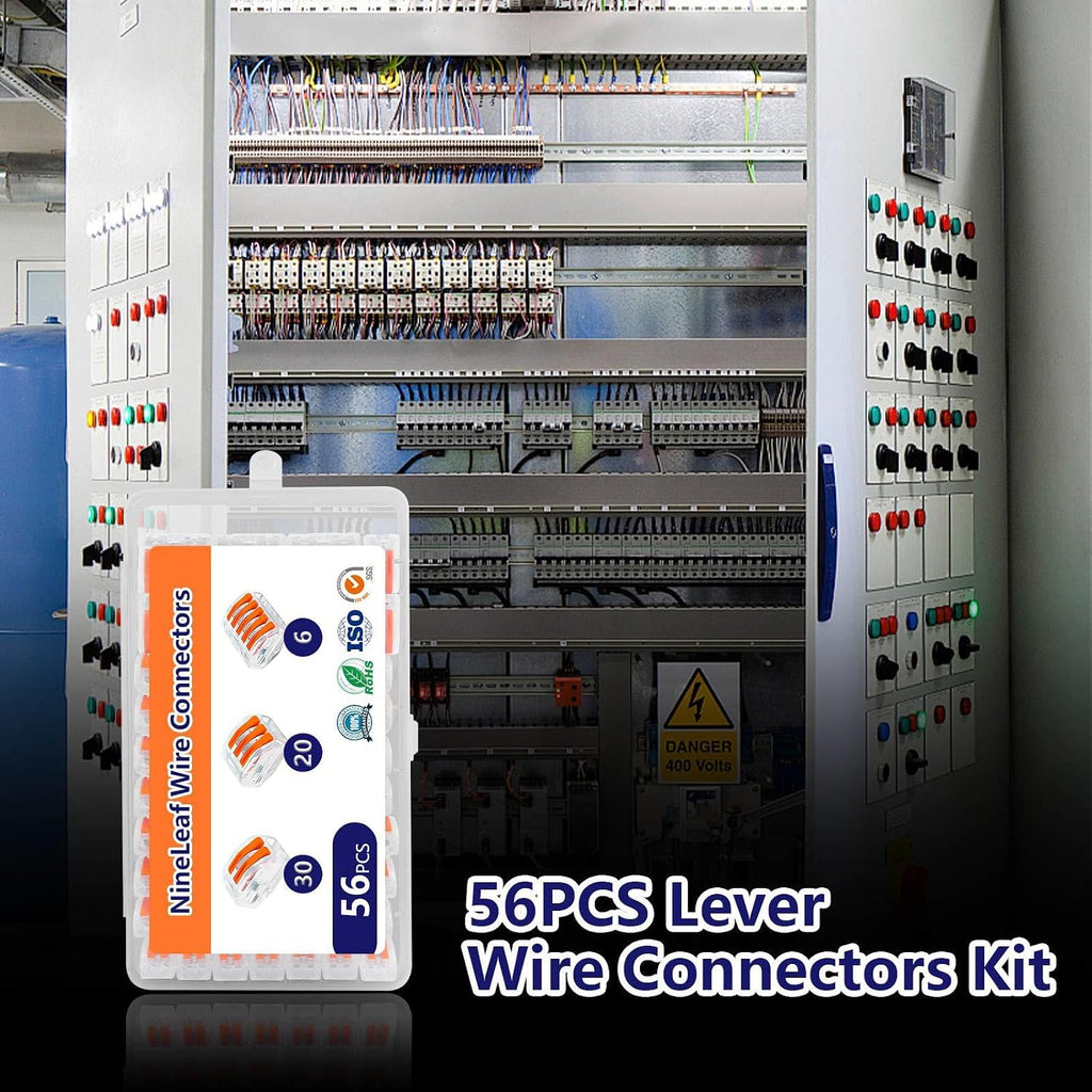 NineLeaf 56 Pcs Transparent Lever Wire Connectors Kit, 2/3/5 Port Electrical Wire Connectors with Test Hole, Push-in Lever Nuts for AWG 28-12, Reusable Quick Splice Connectors with Storage Box,30 Set