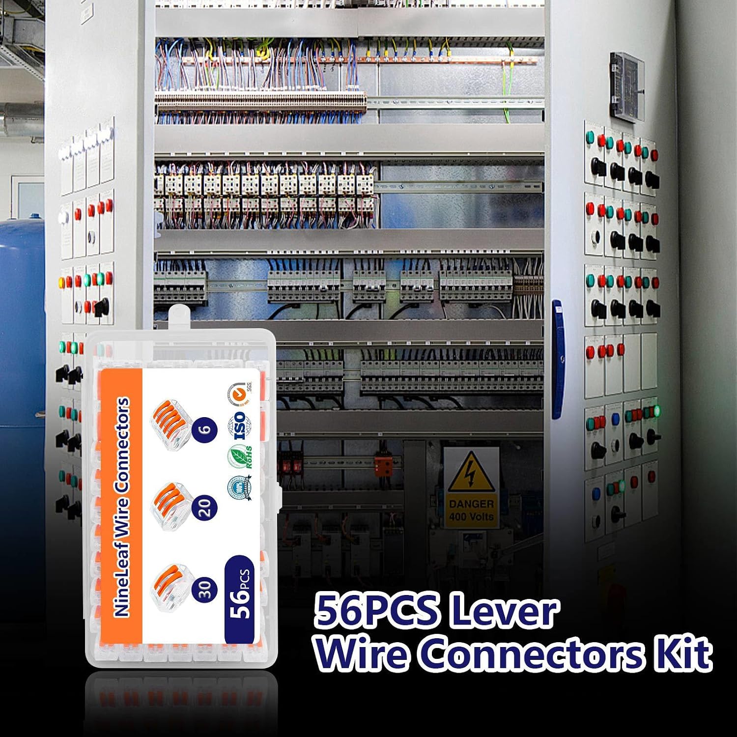 NineLeaf 56 Pcs Transparent Lever Wire Connectors Kit, 2/3/5 Port Electrical Wire Connectors with Test Hole, Push-in Lever Nuts for AWG 28-12, Reusable Quick Splice Connectors with Storage Box,10 Set