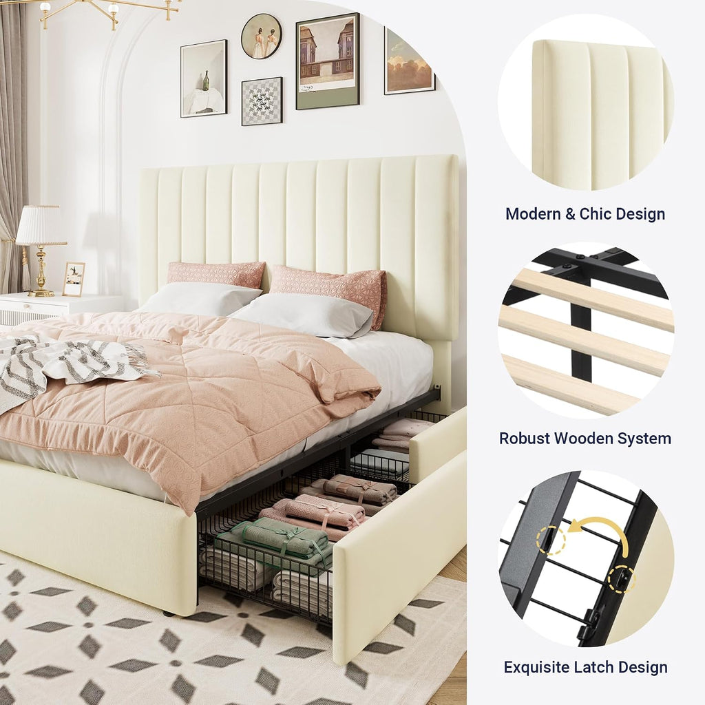 Allewie Queen Size Storage Bed Frame, Vertical Channel Tufted Adjustable Headboard, Velvet Upholstered Platform Bed with 4 Oversized Underbed Drawers, Wooden Slats Support, No Box Spring Needed, Cream