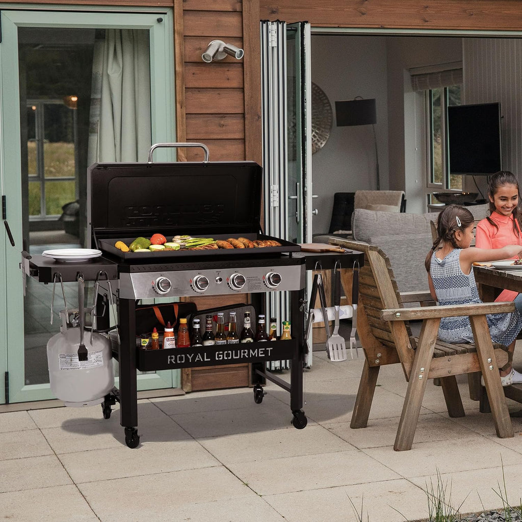 Royal Gourmet GB4007P 4 Burner Propane Gas Griddle with Hood, 34-Inch Flat Top Grill with Folding Side Tables for Outdoor Cooking like Camping or Tailgating, Black & Silver
