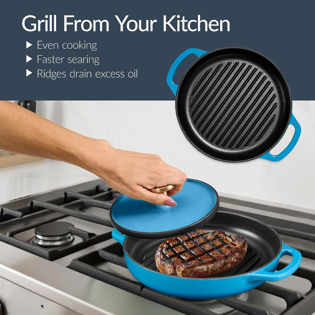 Best Choice Products Non-Stick Pot & Pan Cookware Set, Cast Iron, 2Qt Skillet W/Lid, 10' Grill Or Griddle Pan W/Press, 6Qt Enameled Dutch Oven, Non-toxic, For Cooking & Grilling - Blue