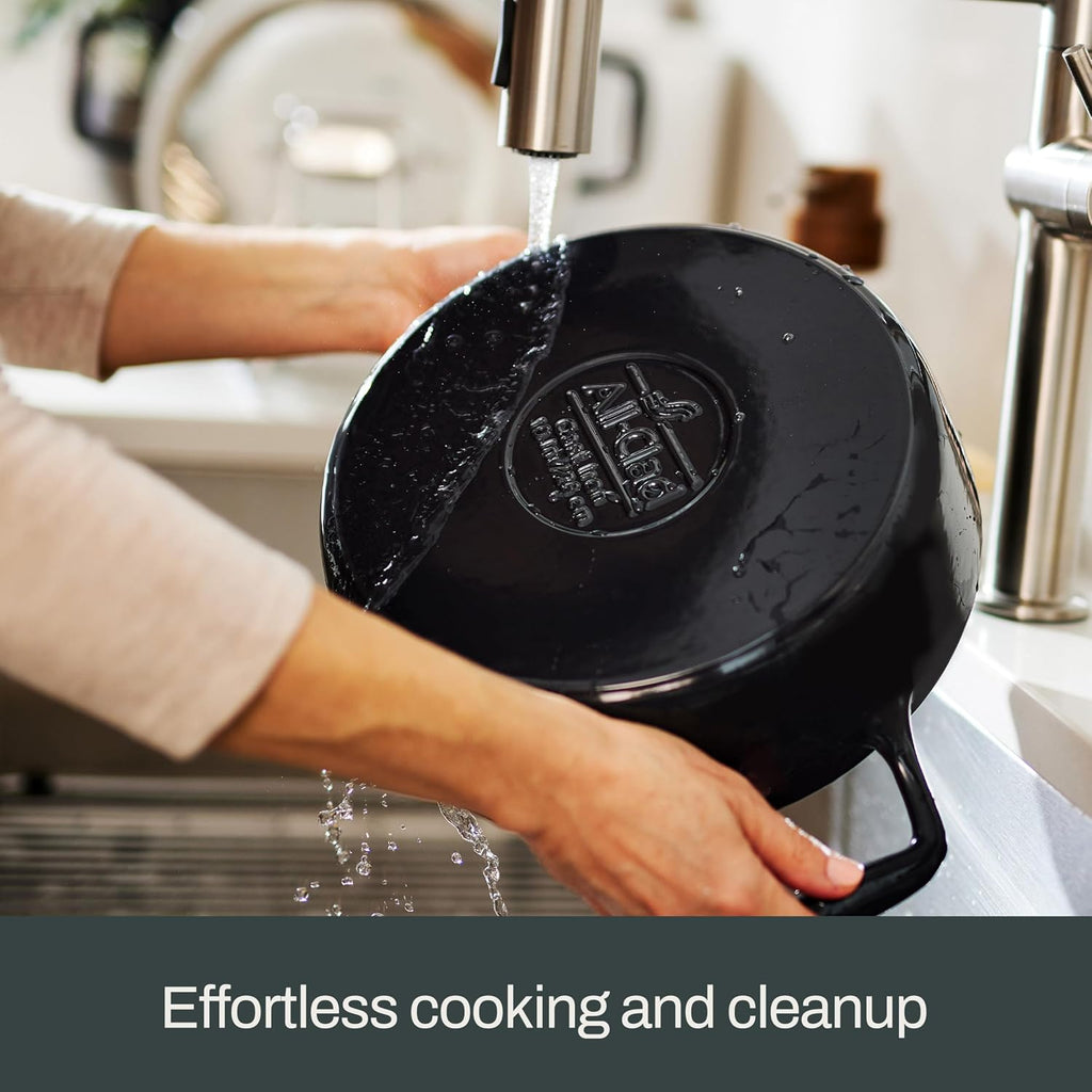 All-Clad Cast Iron Skillet - 12' Enameled Cast Iron Pan with Lid, Enamel Coating, Grill, Oven Safe up to 650°F & Compatible with All Stovetops (Gas, Electric & Induction), Easy-Clean Frying Pan, Black
