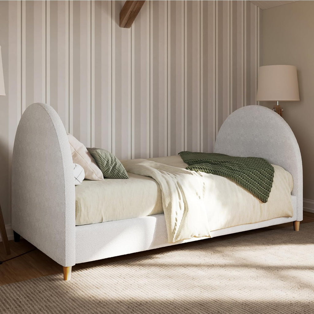 DG Casa Boucle Cloud Daybed Frame with Arched Side Panels, Upholstered in Cream White Fabric, Twin Platform Bed Frame with Solid Wood Legs – Boho or Modern Style – No Box Spring Needed