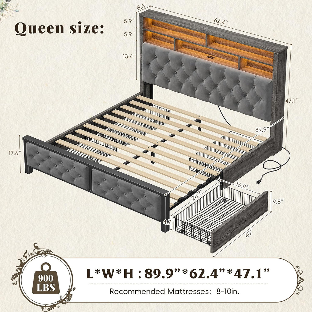 EnHomee Queen Bed Frame with Storage Headboard & 4 Drawers,Wooden Bed Frame Queen Size with Charging Station & LED Lights Upholstered,NO Noise,No Box Spring Needed,Gray