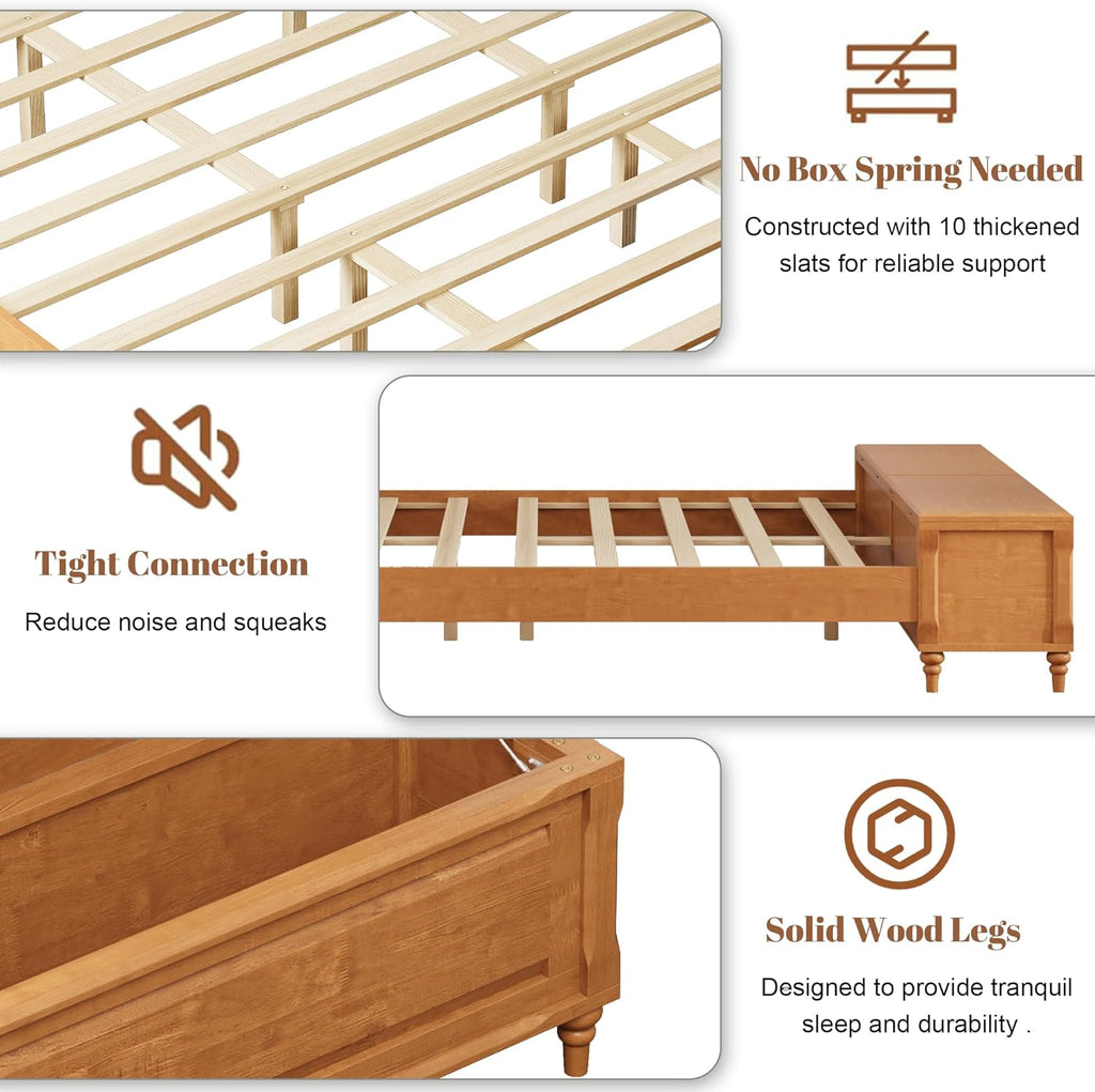 King Bed Frame with 53' Tall Headboard and Storage Bench, Solid Wood King Size Platform Bed with 64' Footboard Storage Chest,Heavy Duty Slats System,No Box Spring Needed, Natural