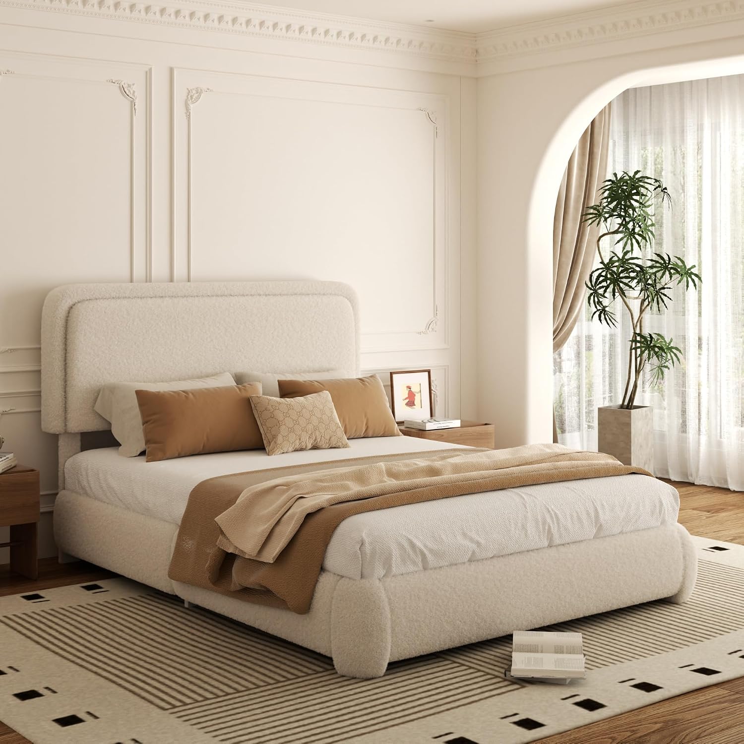 Full Bed Frame, Teddy Velvet Boucle Bed Frame with 43.3'/45.3' Adjustable Upholstered Headboard, Rounded Corners, Mattress Foundation, No Box Spring Required, Beige