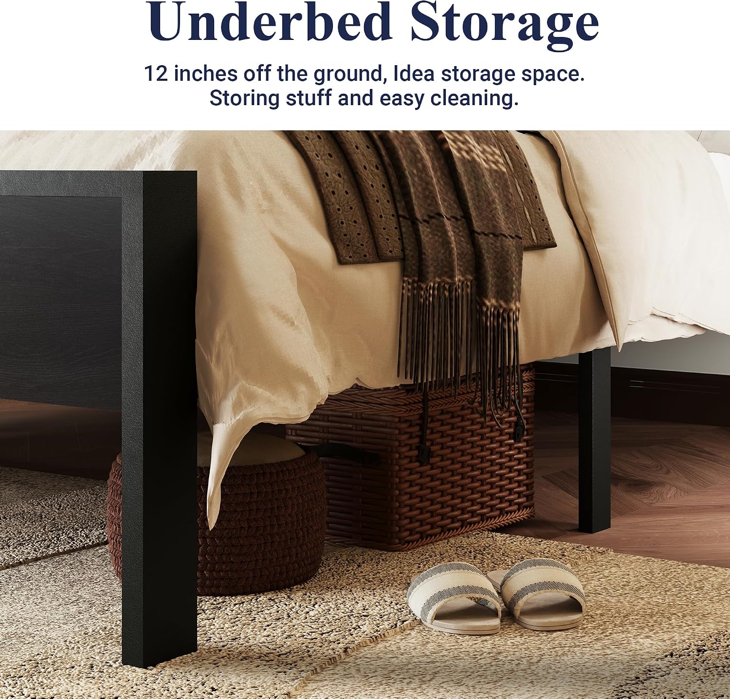 Allewie Queen Size Platform Bed Frame with Wooden Headboard and Footboard, Heavy Duty 12 Metal Slats Support, No Box Spring Needed, Under-Bed Storage, Noise Free, Easy Assembly, Black Oak