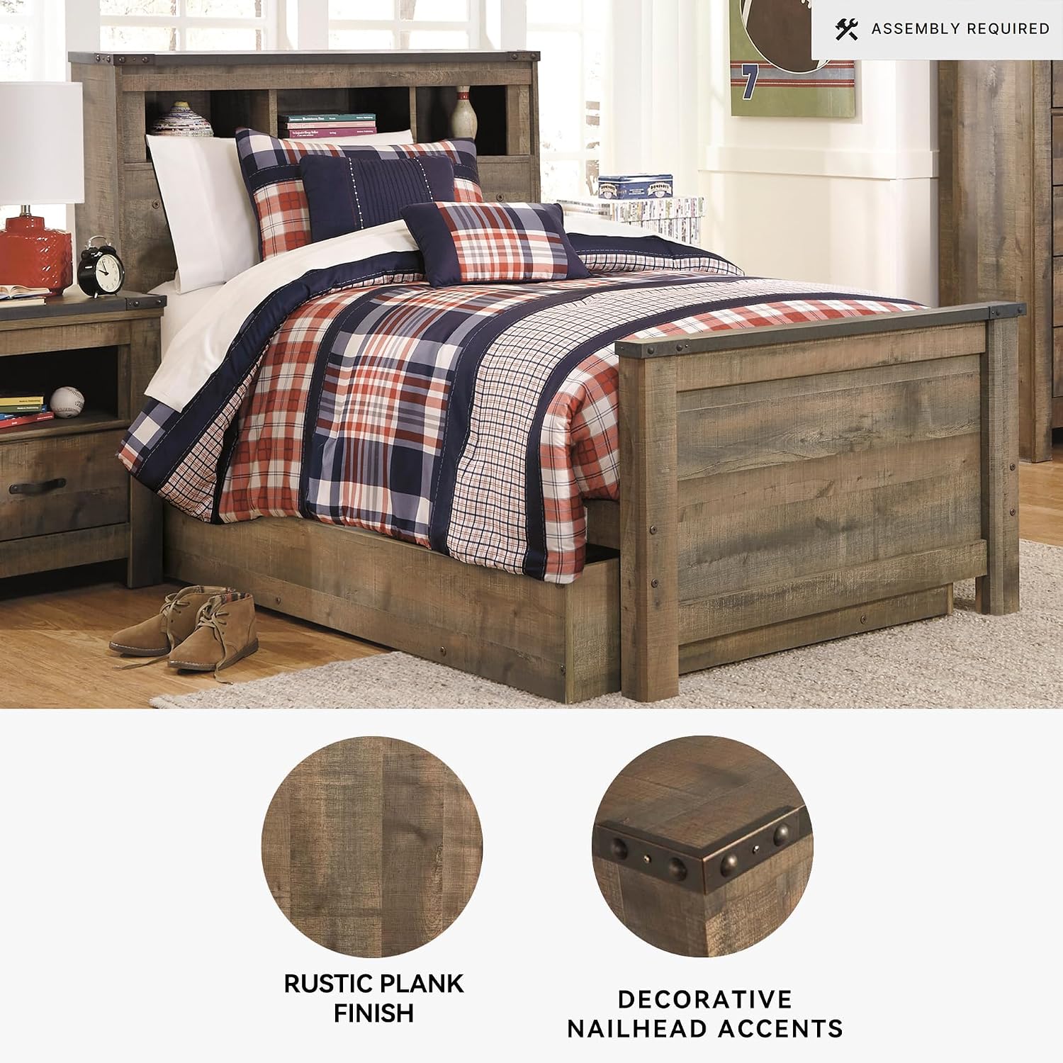 Signature Design by Ashley Trinell Casual Twin Bookcase Platform Bed with 1 Large Storage Drawer and Nailheads, Foundation or Box Spring Not Needed, Dark Brown