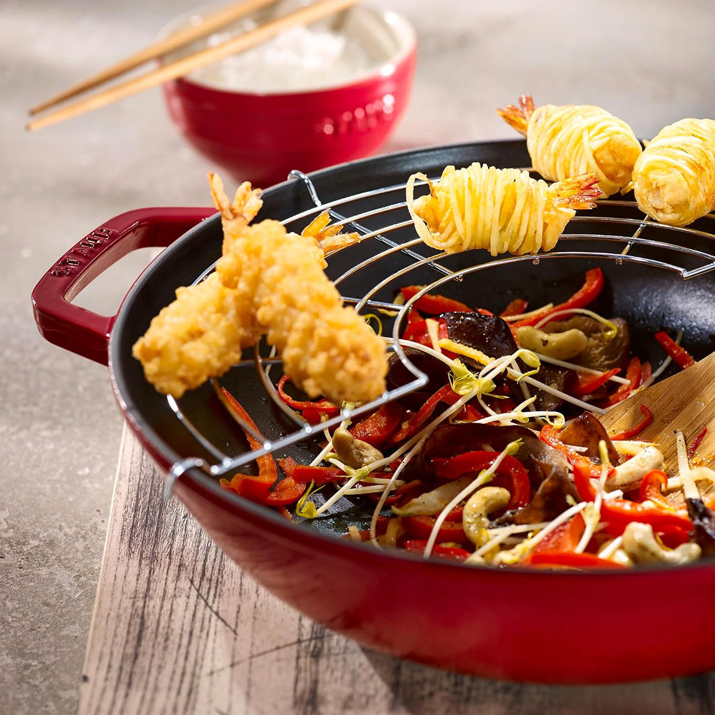 STAUB Cast Iron Perfect Pan, Wok, 4.5-quart, serves 4-5, Made in France, Cherry