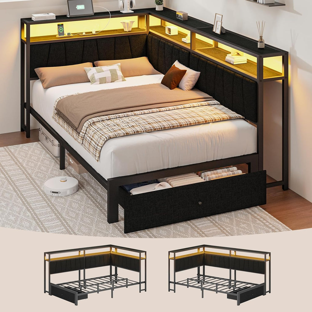 Twin Corner Bed Frame with Storage Drawers, Modern Daybed with LED Lights and Charging Station, Metal Twin Platform Bed Frame with Linen Upholstered Guardrail for Dorm Bedroom, Black