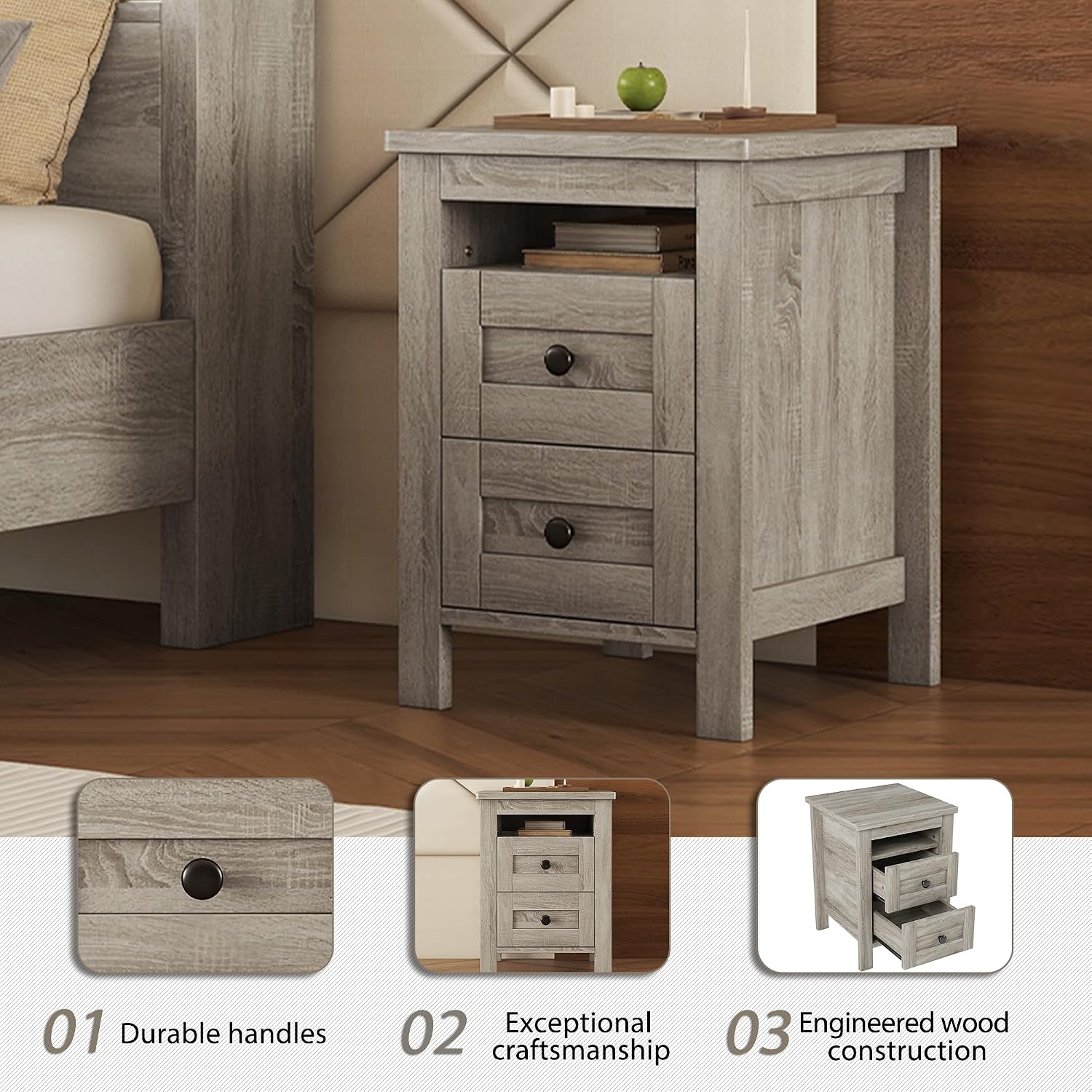 SOFTSEA 3 Piece Bedroom Set, Farmhouse Bedroom Furniture Set Include Queen Size Platform Bed with Nightstand and Dresser, Wood Platform Bed with Double Sliding Door Storage Headboard, Gray
