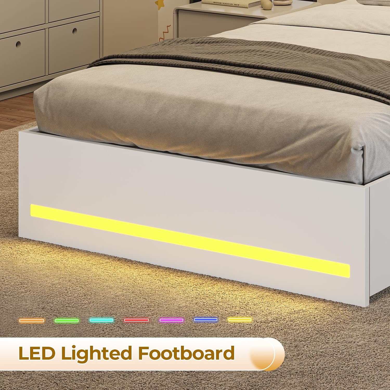 VIAGDO Twin Bed Frames with Bookcase Headboard, Wooden Bed Frame Twin Size with Charging Station, 4 Storage Drawers and LED Lights, LED Bed Frame with Type-C and USB, No Box Spring Needed, White