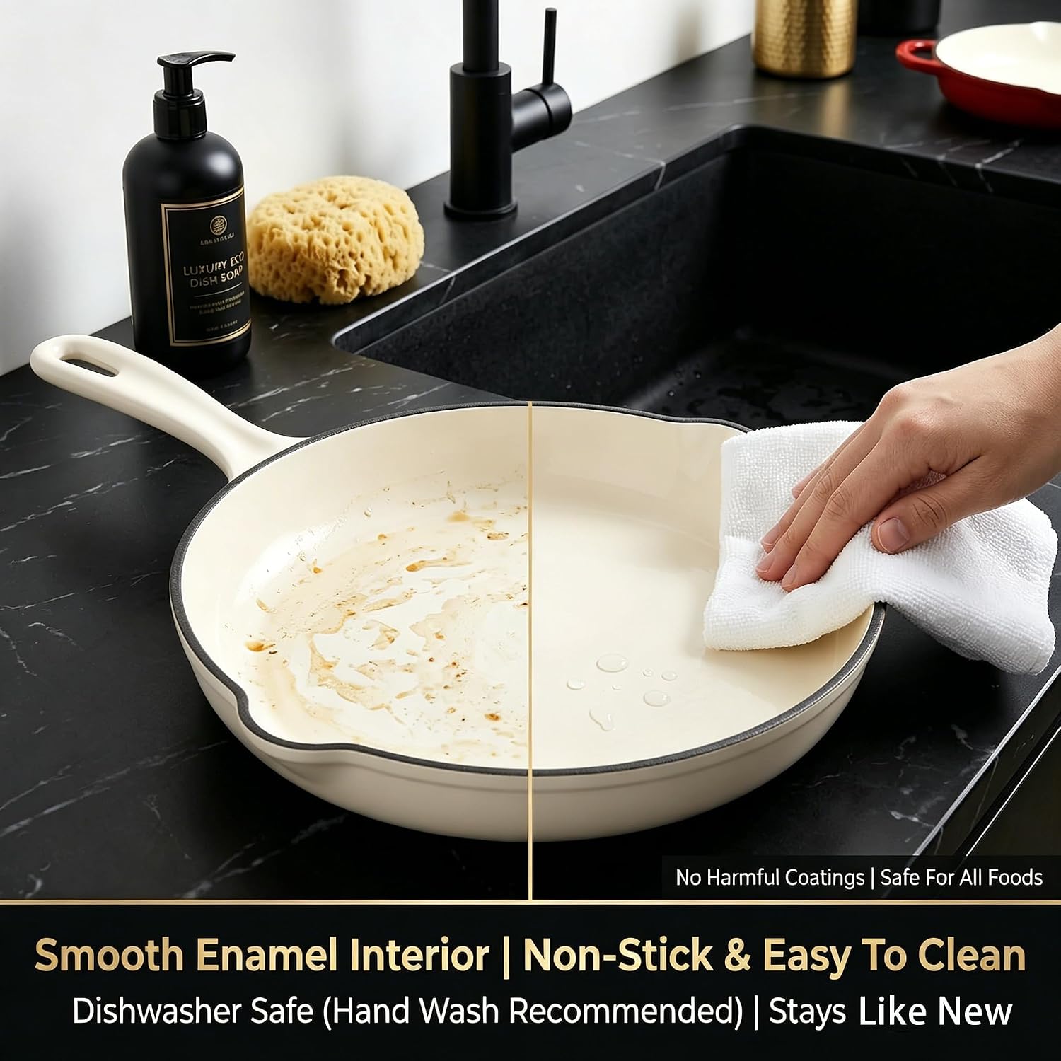 Nonstick Enameled Cast Iron Cookware Set - 8 Piece Pots and Pans with Lid, Frying Pan, Skillet, Dutch Oven Set for All Stovetops, Ideal for Sourdough Bread Baking, Comes with Organizer, Cream White
