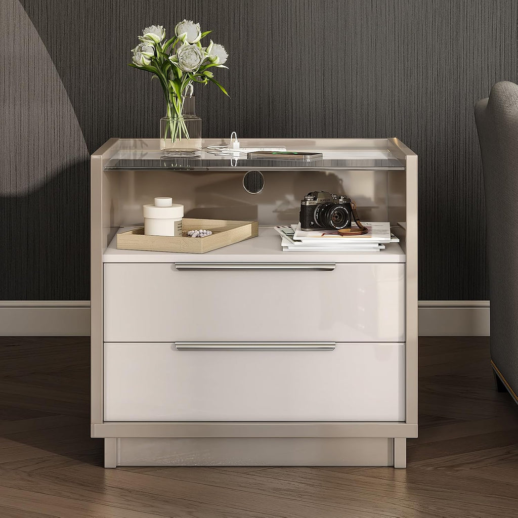 AMERLIFE 23.6' Nightstand, High Gloss End Table with Glass Tabletop, Modern Bedside Table with Charging Station, 2 Drawers Nightstand for Bedroom, Cream & Gray
