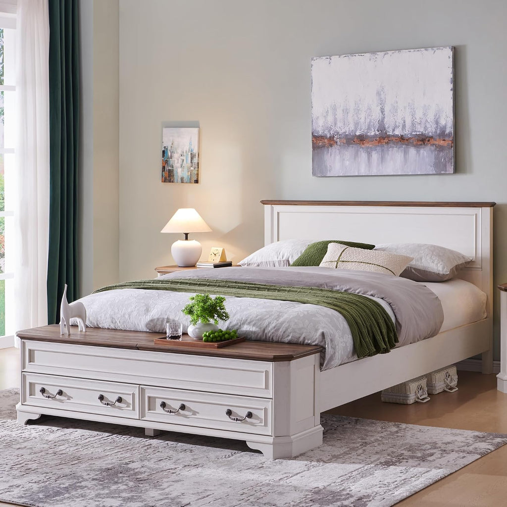 T4TREAM Farmhouse Queen Bed with Headboard and Storage Bench, Rustic Wood Platform Bed with 64' Storage Chest w/ 4 Large Drawer (Antique White)