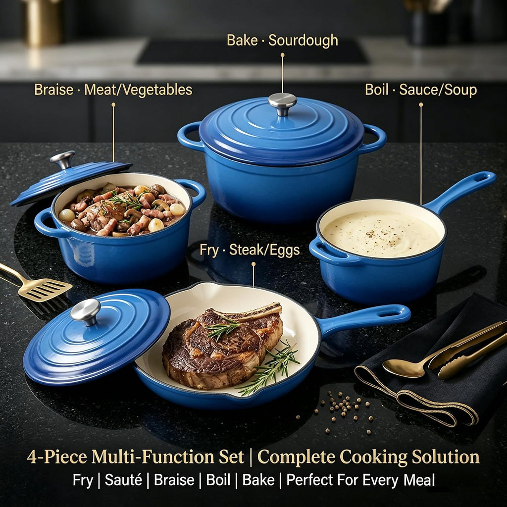 QuliMetal Enameled Cast Iron Cookware Set, 4-Piece Pots and Pans Set with Lids, 10.25' Skillet, 2QT Saucepan, 2.8QT & 4.8QT Dutch Ovens, Oven Safe to 500°F, All Stovetops Compatible - Cobalt Blue