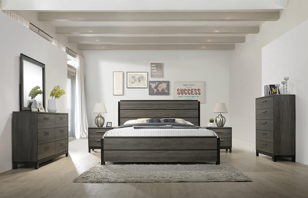 Roundhill Furniture Ioana 187 Antique Grey Finish Wood Bed Room Set, King Size Bed, Dresser, Mirror, 2 Night Stands, Chest