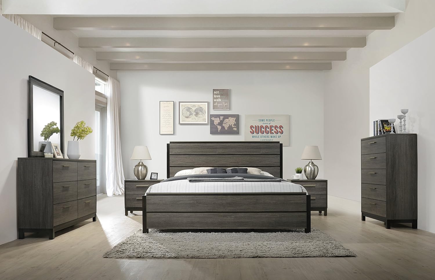 Roundhill Furniture Ioana 187 Antique Grey Finish Wood Bed Room Set, King Size Bed, Dresser, Mirror, 2 Night Stands, Chest