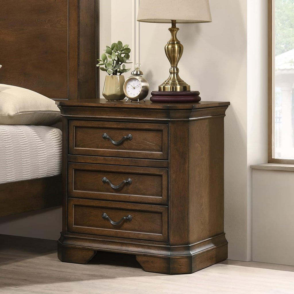 Roundhill Furniture Maderne Traditional Wood Panel Bed with Dresser, Mirror, Nightstand, Queen, Antique Walnut Finish