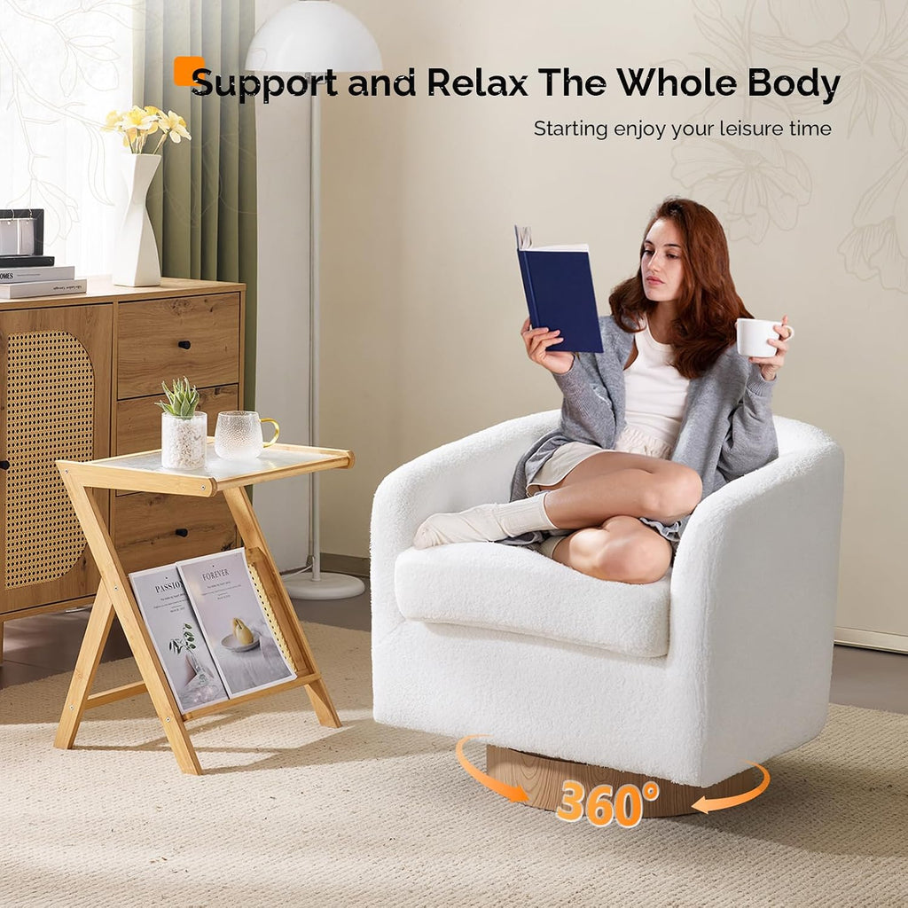VINGLI 360°Swivel Accent Chairs Set of 2 with Engineered Wood Base and Removable Cushion for Living Room, Bedroom, Curved Back Barrel Chairs for Small Space, Upholstered Bucket Armchairs, Teddy White