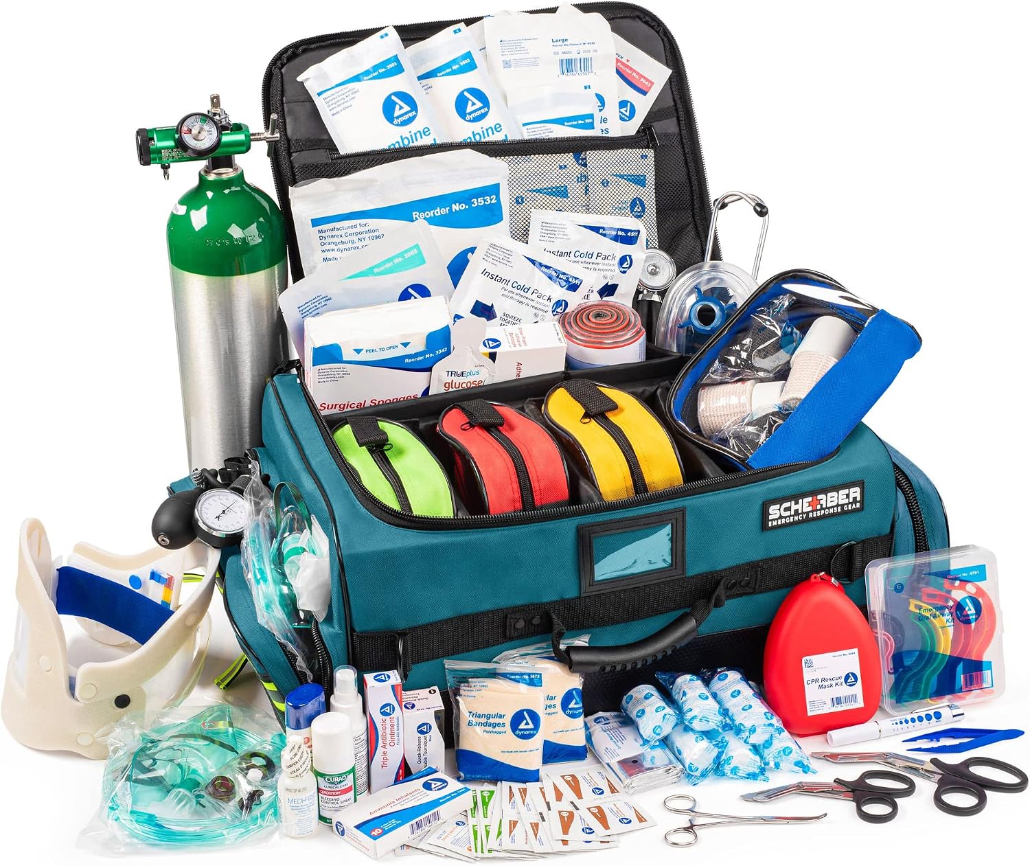 Scherber Fully Stocked First Responder Ultimate Professional EMT/EMS Trauma Kit | HSA/FSA Approved | w/10+ Compartments, Zippered Pockets, Dividers, Oxygen Access & 260+ First Aid Supplies (Blue)