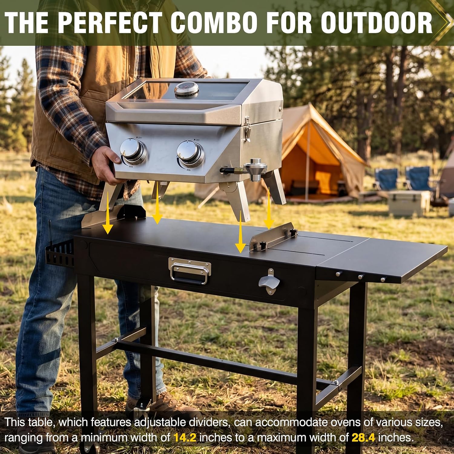 BESTFIRE 2-Burner Tabletop Propane Grill with Foldable Grill Cart, Portable Gas BBQ Station with Wheels & Prep Table, Dual-Fuel Setup for 1lb & 20lb Tanks, Stainless Steel Outdoor Kitchen for Camping