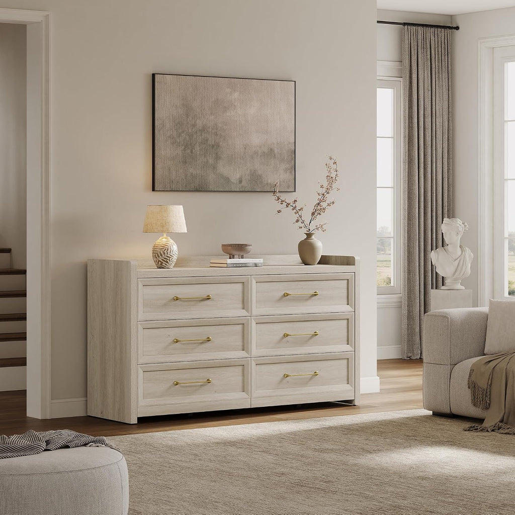 SICOTAS 6 Drawer Dresser for Bedroom-56.4' Extra-Wide Wooden Chest of Drawers with Large Storage, Long Dresser TV Stand with Drawers, Farmhouse Closet Dressers for Nursery Living Room, Grey White Oak