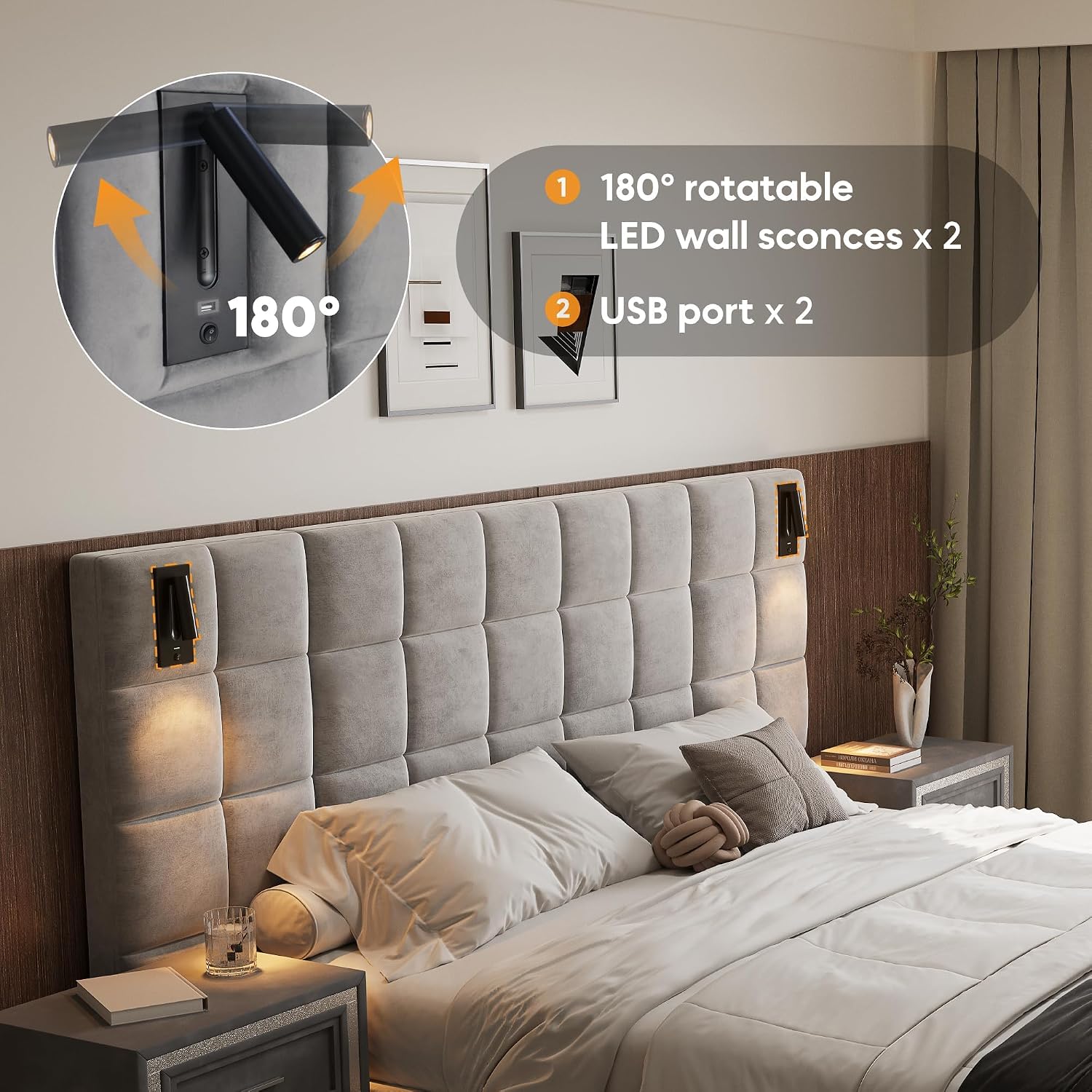 King Platform Bed Frame with 1 Nightstand Set of 1+1, Elegant Velvet Upholstered Bed with Grid Pattern Padded Headboard, 2 LED Wall Sconces & USB Ports, No Box Spring Needed, Pearl Grey