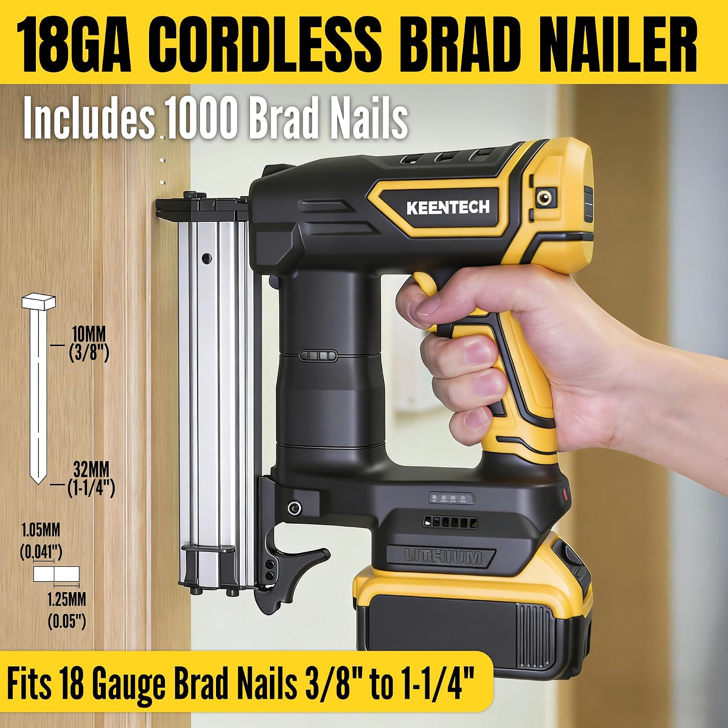 18 GA Cordless Brad Nailer for Dewalt 20V Battery (No Battery), Cordless Nail Gun with 1000PCS 3/8'–1-1/4' Nails, Electric Brad Nailer with Powerful Driving Force, 2 Firing Modes, for Baseboard & Wood