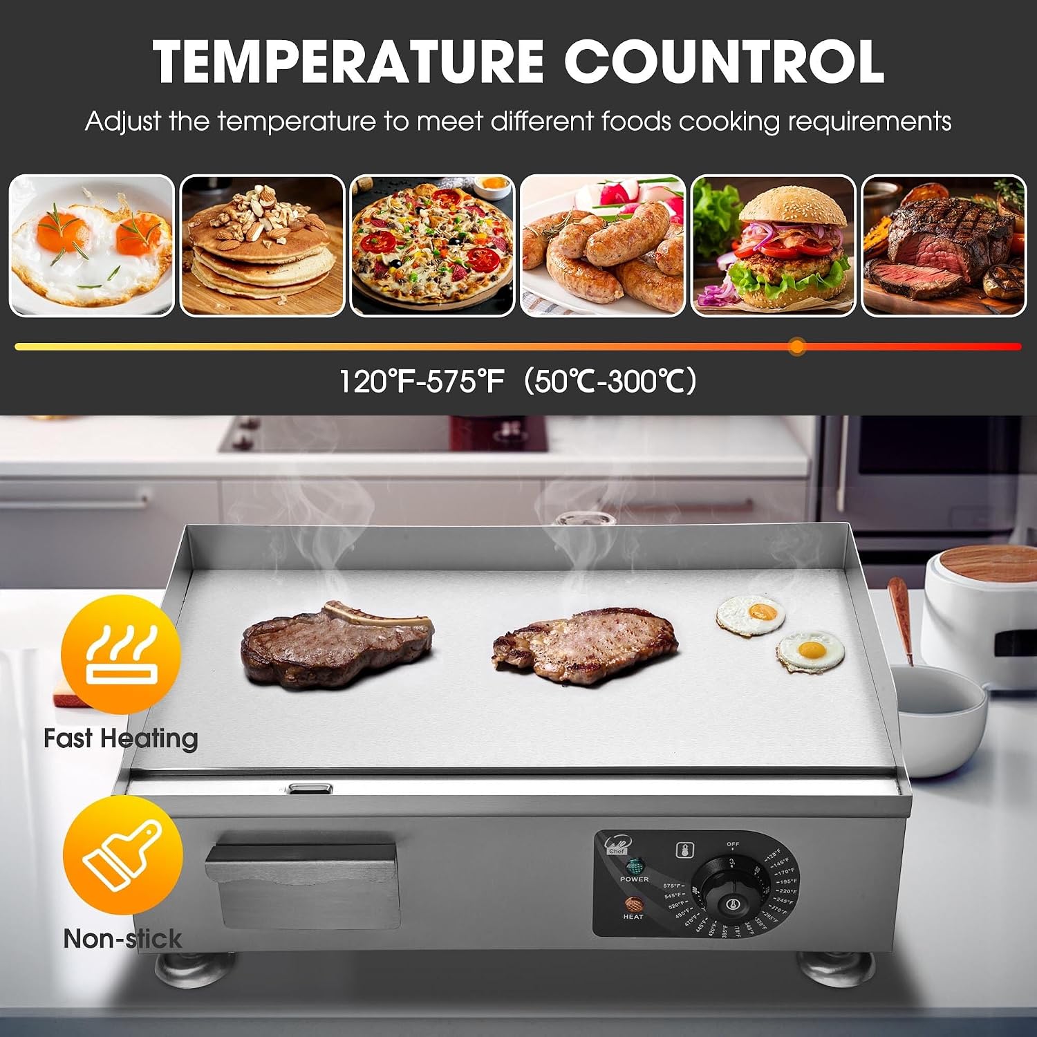 Yescom WeChef 3000W 22'' Electric Griddle Countertop Commercial Flat Top Hot Plate Restaurant BBQ Grill, 26ECG003-22IN-11-1