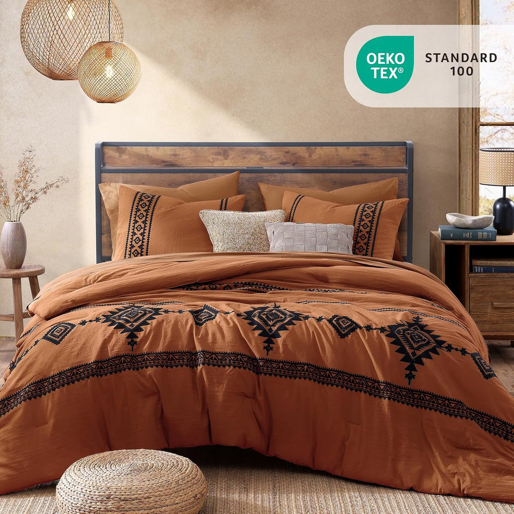 MaiRêve Super King Plus Comforter Set Burnt Orange, Embroidery Western Boho Bedding Set 7 Pieces, All Season Farmhouse Bed in A Bag Comforter Set with Sheets, Pillowcases & Shams