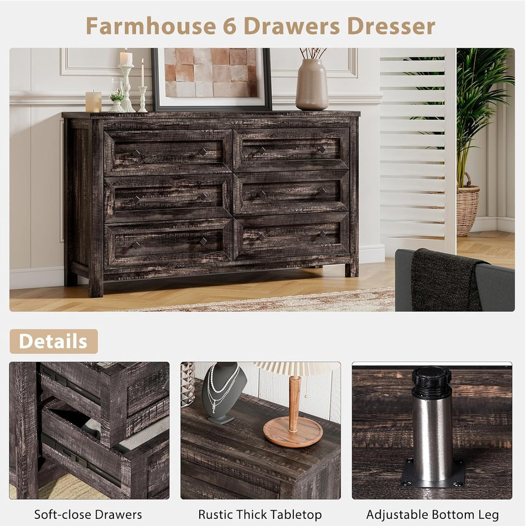 LUXOAK Farmhouse Bedroom Furniture 4 Pieces, 1 X Wood Rustic 6 Drawer Storage Dresser, 1 X 5 Drawer Dresser, Nightstand Set of 2 with Charging Station, Farmhouse Bedroom Set, Black