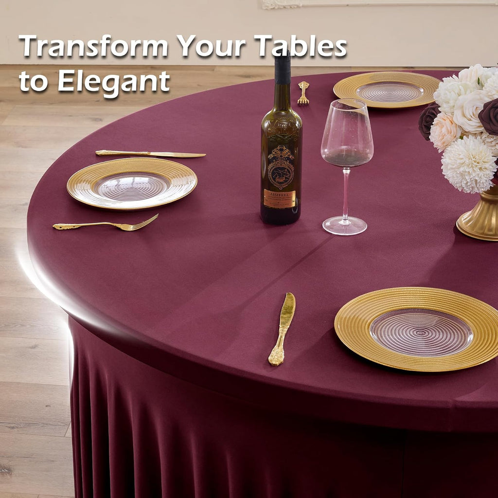6 pk Burgundy Round Spandex Tablecloths 60 in with Ruffled Skirt,Wrinkle Free High-Stretch 120 inch Table Cloth Round Fitted 5ft Tables Maroon Spandex Table Covers 5ft for Wedding Banquet Party