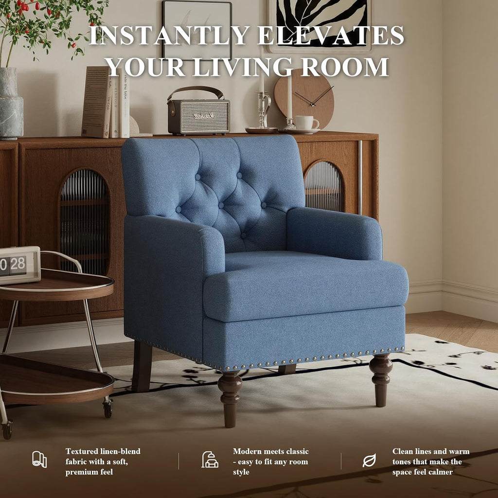 MALOL Upholstered Accent Chair with Thick Cushion, High Back Reading Chair, Linen Blend Armchair with Solid Rubberwood Legs for Living Room, Bedroom, Reading, Apartment & Small Spaces,Blue,Set of 2