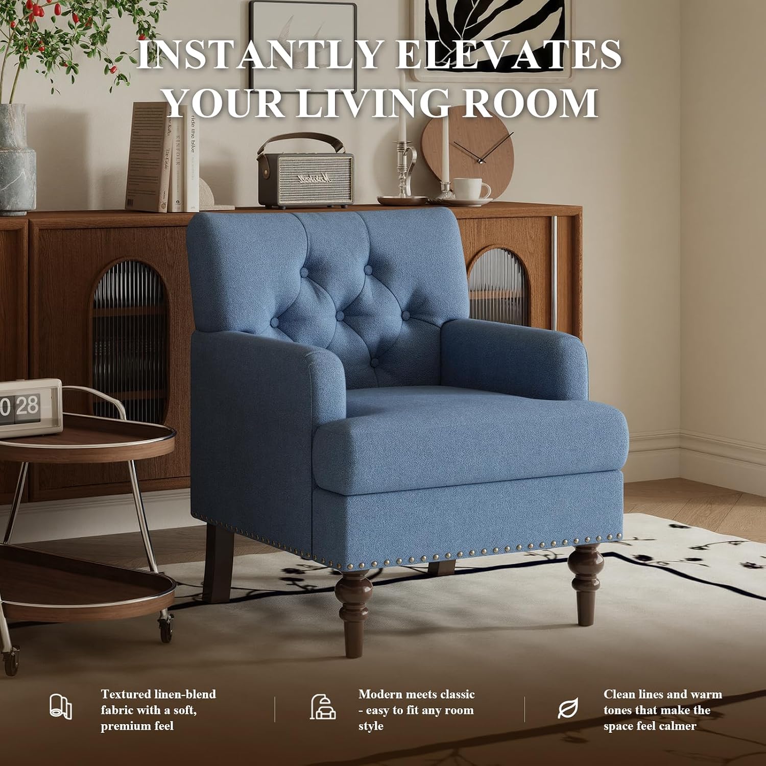 MALOL Upholstered Accent Chair with Thick Cushion, High Back Reading Chair, Linen Blend Armchair with Solid Rubberwood Legs for Living Room, Bedroom, Reading, Apartment & Small Spaces,Blue,Set of 2