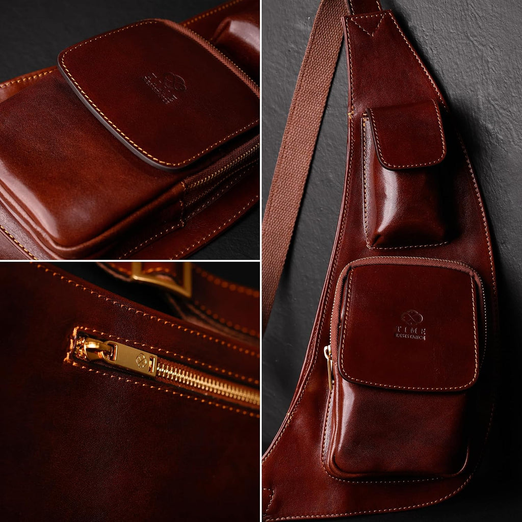 Time Resistance Leather Sling Bag - Crossbody Bag - Messenger Bag for Men and Women - Handmade Shoulder Bag Backpack