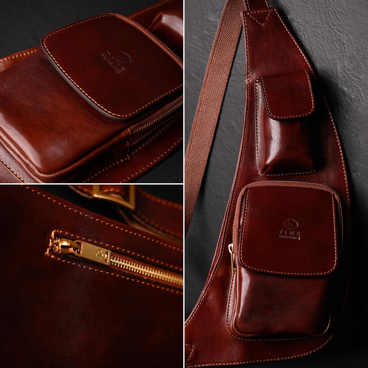 Time Resistance Leather Sling Bag - Crossbody Bag - Messenger Bag for Men and Women - Handmade Shoulder Bag Backpack