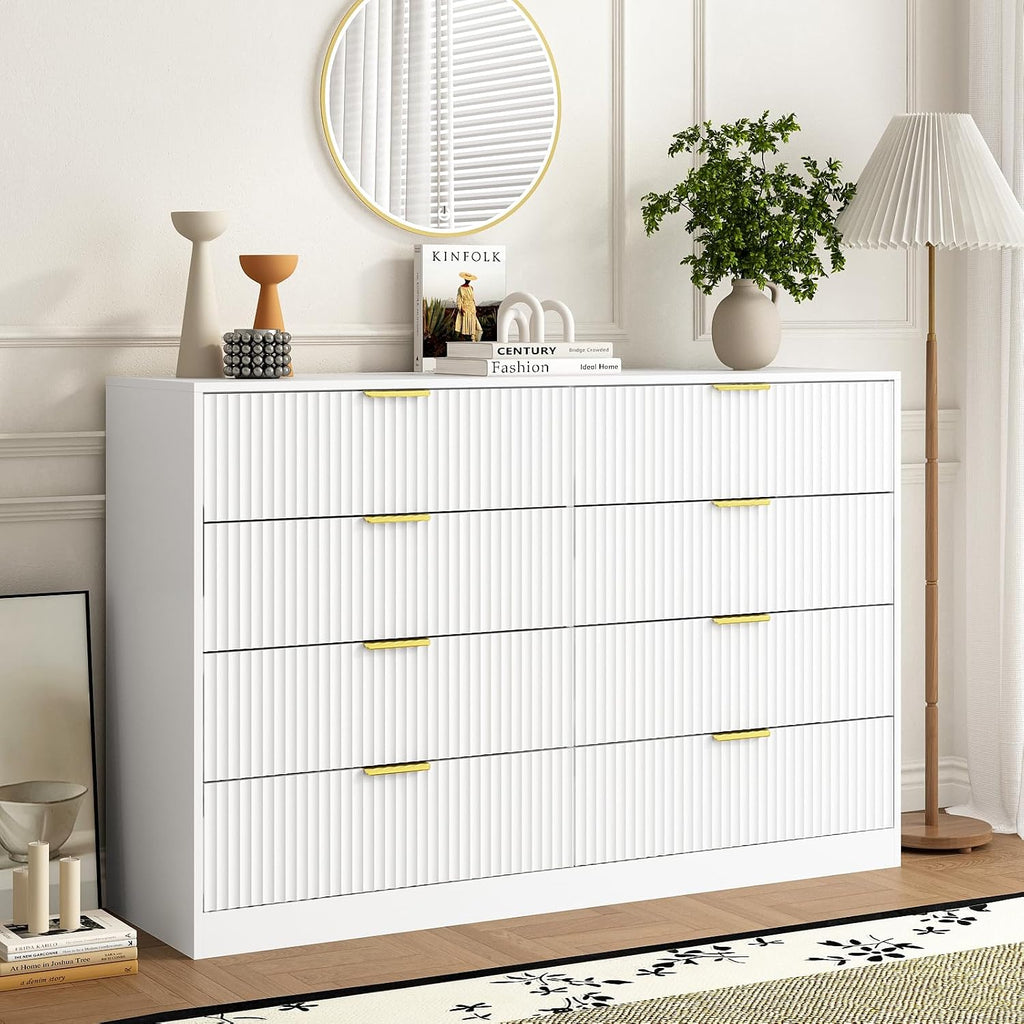 8 Drawer Dresser and Nightstand Sets for Bedroom, 3 Pcs Bedroom Set，Night Stand Set of 2 & 8 Drawer Dresser with Gold Handles, Modern Wood Chest of Drawers Storage Cabinet Set, White