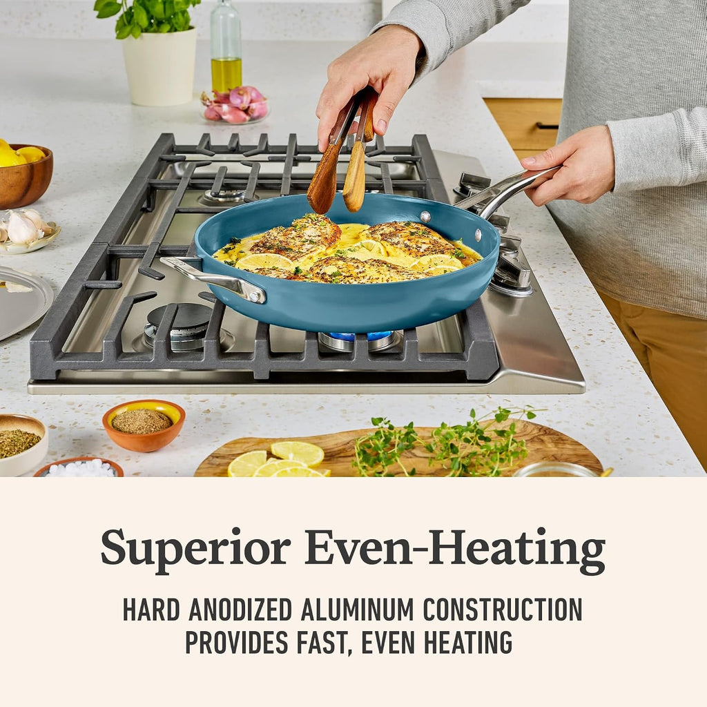 Calphalon Premier Ceramic Nonstick 12 inch Frying Pan with Lid, Durable Ceramic Pan for Searing, Sauteing, Long Lasting PFAS-Free Cookware, Dishwasher Safe, Macaron
